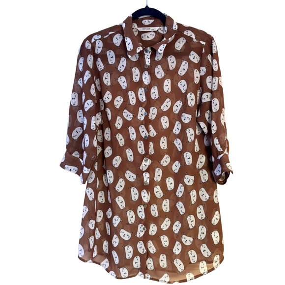 Cat Faces eShakti Custom Brown Button Down White Cats 3/4 Sleeve Women's Large - Picture 1 of 5